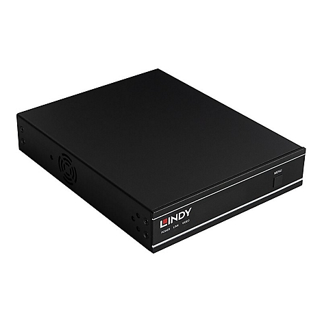 Schwarzer Netzwerk-Switch mit Lindy Logo und Tasten, auf weißem Hintergrund.