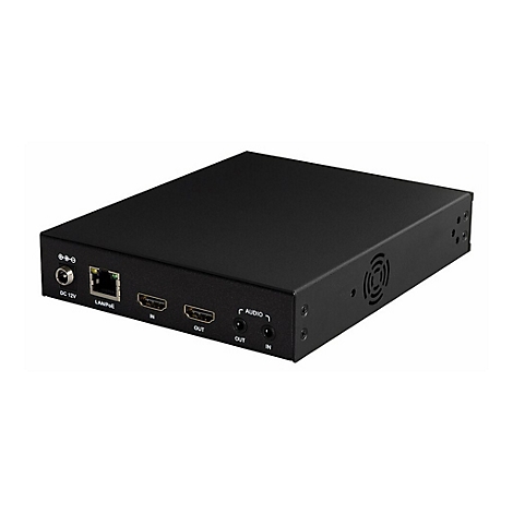 Schwarzer Netzwerk-Switch mit Anschlüssen für Strom, LAN/PoE, HDMI und Audio. Lüftungsschlitze auf einer Seite.