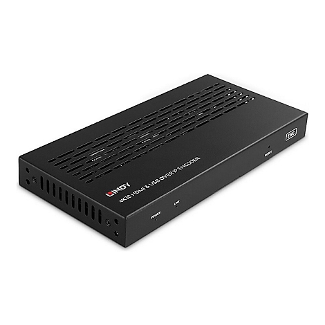 Schwarzer 4K30 HDMI & USB over IP Encoder. Aufschrift: LINDY, ENC, RESET, Power, Link.