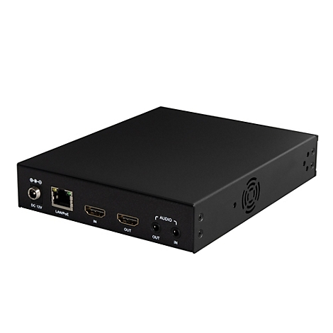 Schwarzer HDMI-Konverter mit Anschlüssen für Strom, Ethernet und Audio.
