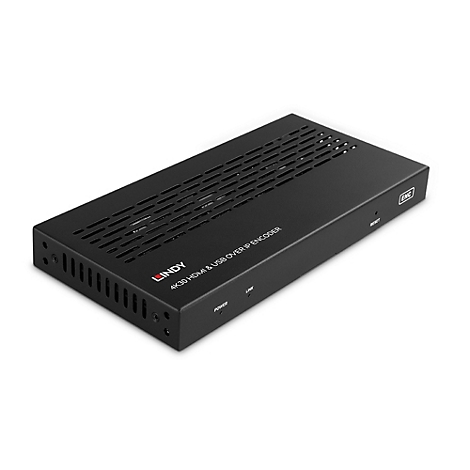 Schwarzer Lindy 4K30 HDMI & USB over IP Encoder auf weißem Hintergrund.