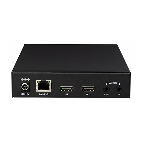 Schwarzes elektronisches Gerät mit Anschlüssen für Strom, LAN, HDMI und Audio.