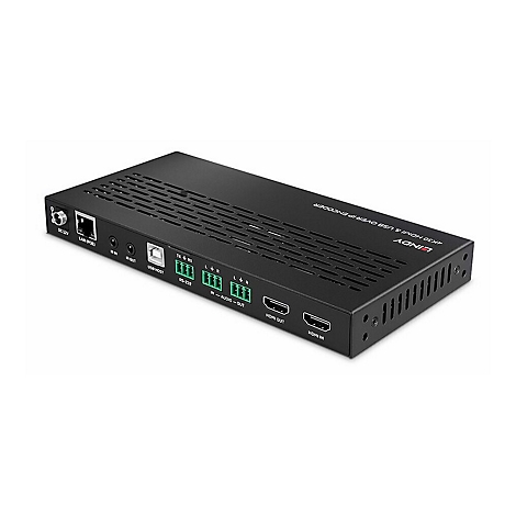 Schwarzer Lindy 4K30 HDMI & USB over IP Encoder. Auf der Vorderseite sind Anschlüsse beschriftet: DC 12V, LAN, USB, HDMI In/Out.