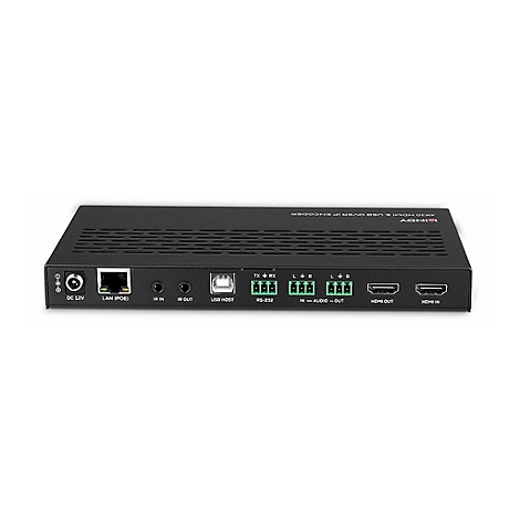 Schwarzer HDMI-Encoder mit verschiedenen Anschlüssen, u. a. LAN, HDMI, USB, und Stromversorgung. Der Encoder ist auf weißem Hintergrund abgebildet.