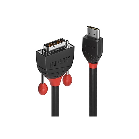 Ein schwarzes und rotes Lindy-Kabel, mit DVI- und HDMI-Steckern. Auf den Steckern steht "LINDY".