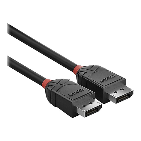 Câble DisplayPort LINDY noir avec des touches de rouge. Les deux extrémités sont visibles en détail.