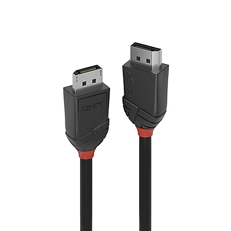 Deux câbles HDMI noirs Lindy avec des accents rouges. Logos visibles.