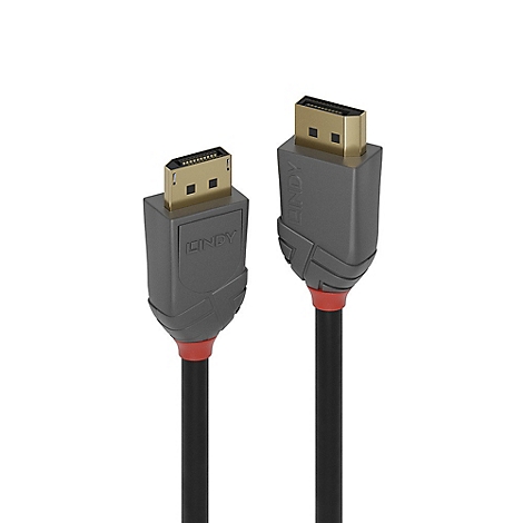 Deux câbles HDMI noirs avec boîtiers gris et une couleur d'accentuation rouge. Le logo LINDY est clairement visible.