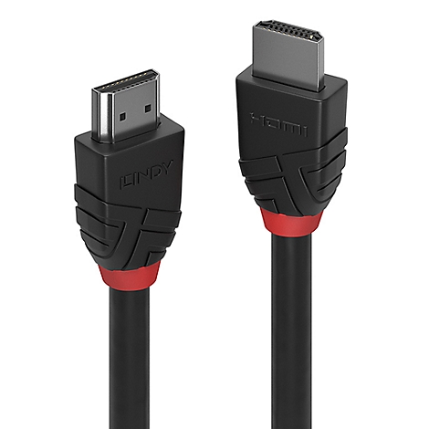 Deux câbles HDMI noirs avec des accents rouges. L'un dit "LINDY", l'autre "HDMI".