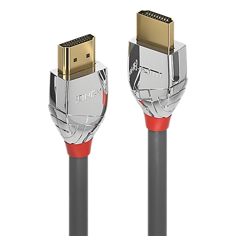 Deux câbles HDMI avec des connecteurs plaqués or. Les câbles ont des boîtiers argentés avec un accent rouge et des câbles gris.