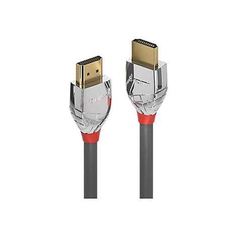 Deux câbles HDMI avec des câbles gris, des connecteurs argentés, des colliers rouges et des contacts dorés.
