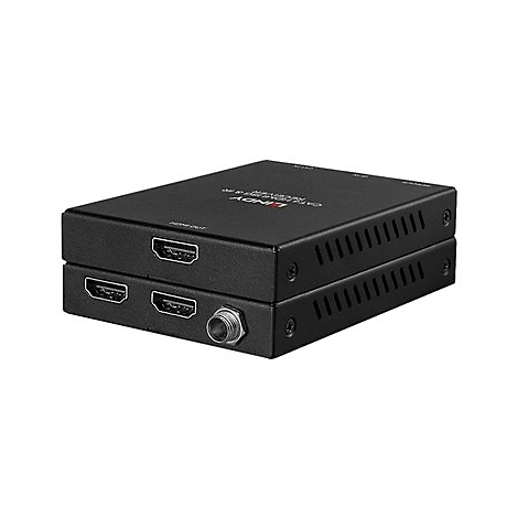 Schwarzer HDMI-Extender, gestapelt, mit HDMI-AnschlÃ¼ssen und Schrauben. Aufschrift: LINDY CAT.6 Receiver.