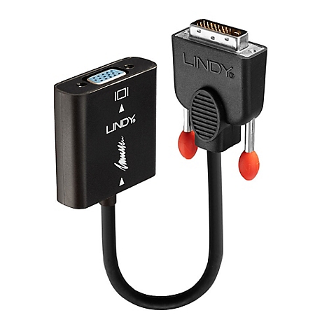 Un adaptateur Lindy noir avec connecteurs DVI et VGA. L'adaptateur porte le logo Lindy et des vis rouges.