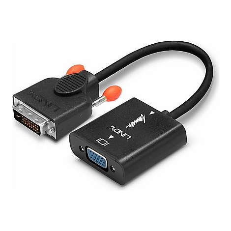 Un adaptateur DVI vers VGA noir. Il possède un boîtier noir, un câble noir et des vis orange.