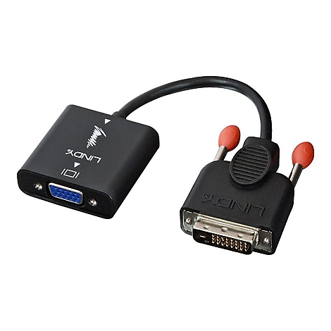 Adaptateur Lindy noir, avec connecteurs DVI et VGA. La prise a des vis rouges.