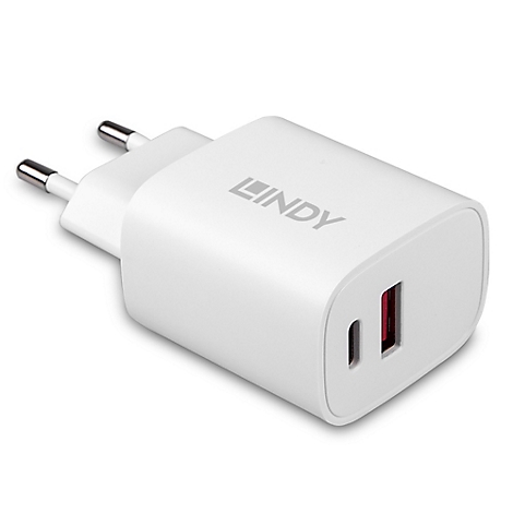 Chargeur Lindy blanc avec ports USB. Prise et prise USB rouge sur fond blanc.