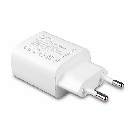 Un chargeur USB blanc avec impression. Deux broches argentées dépassent de l'avant.