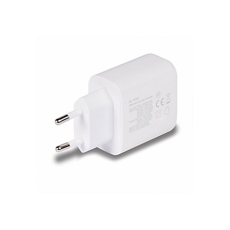 Chargeur USB blanc avec prise UE ; texte avec spécifications techniques. Sur fond blanc.