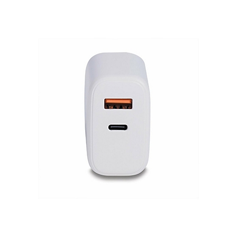 Chargeur blanc avec port USB-C et port USB orange. L'appareil est debout.