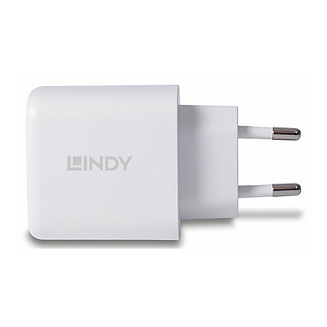 Adaptateur secteur blanc avec logo "LINDY" et prise européenne. Le fond est blanc.