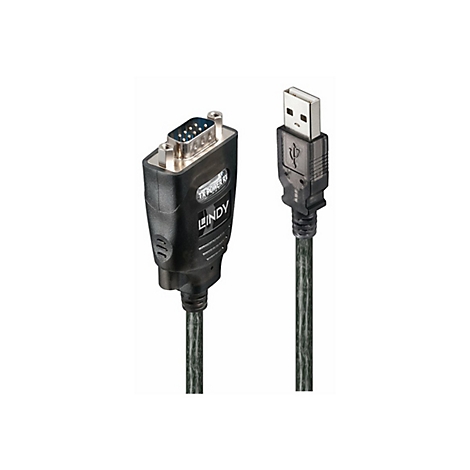 Câble noir avec connecteurs USB et DB9. La fiche porte l'inscription LINDY.