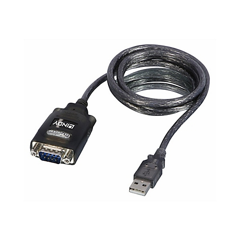 Un câble Lindy noir, connecteur USB-A vers DB9. La partie enroulée du câble est en spirale.
