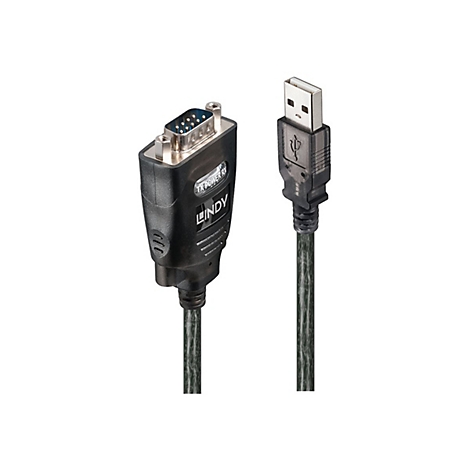 Câble USB noir avec port série. Le câble possède un connecteur USB-A et un connecteur D-sub à 9 broches.