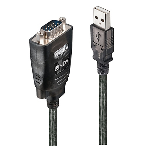 Câble LINDY noir avec connecteurs USB-A et DB9. Le connecteur indique "TX POWER RX".