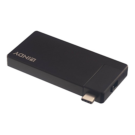 Schwarzer Lindy Adapter mit USB-C Anschluss, Logo. Auf hellem Hintergrund.