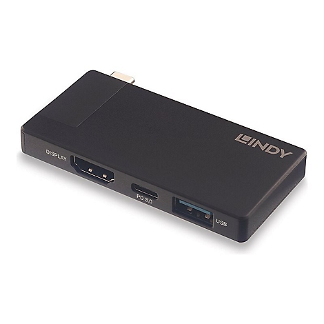 Schwarzer Lindy USB-C Multiport-Adapter. AnschlÃ¼sse fÃ¼r Display, USB und PD 3.0.