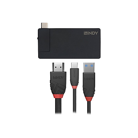 Schwarzes Lindy-GerÃ¤t mit HDMI-, USB- und USB-C-Kabeln. Das Lindy-Logo ist deutlich sichtbar. Die Kabel haben rote Akzente.