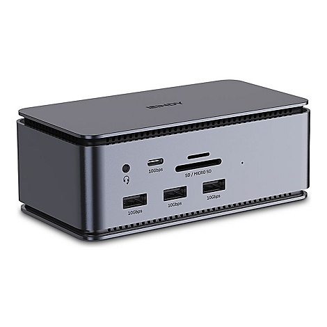 Grauer Dockingstation mit USB- und SD-AnschlÃ¼ssen, sowie Audio-Ausgang. 'MEDION' Schriftzug auf der Oberseite.