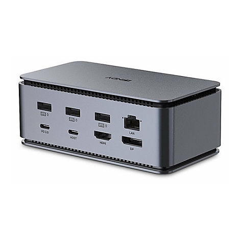 Graue Dockingstation mit diversen AnschlÃ¼ssen. Aufschrift: BINY. Unten stehen die Bezeichnungen der Ports: PD 3.0, HOST, HDMI, LAN, DP.