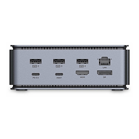 Graues TechnikgerÃ¤t mit AnschlÃ¼ssen: PD 3.0, HOST, HDMI, LAN und DP.