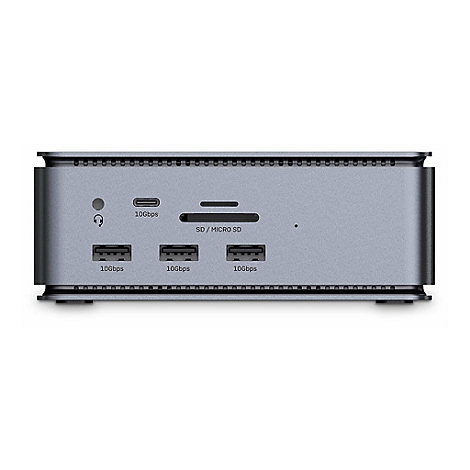 Grauer Hub mit verschiedenen AnschlÃ¼ssen: USB-C, SD-Kartenleser, USB-A, KopfhÃ¶reranschluss. Auf weiÃŸem Hintergrund.