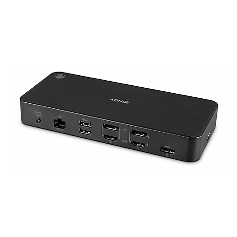 Schwarze Dockingstation mit mehreren AnschlÃ¼ssen, darunter USB und HDMI. Aufschrift AGIN.