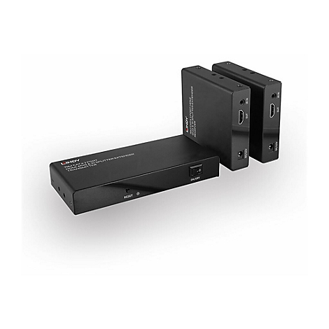 Drei schwarze HDMI-Extender von LINDY. Eines ist flach, zwei stehen. Alle haben Anschlüsse und Aufschriften.