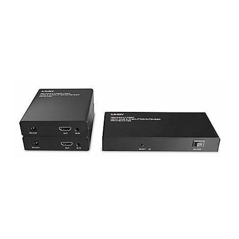 Drei schwarze HDMI-Extender, beschriftet mit Produktinformationen und Anschlüssen.