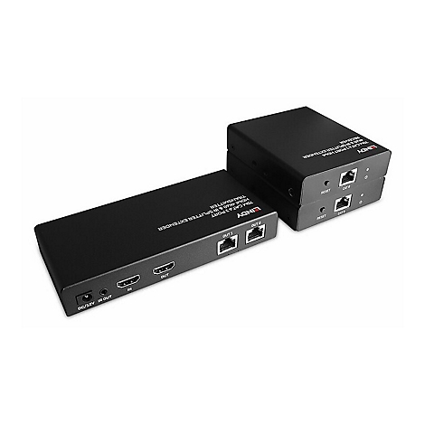 Mehrere schwarze HDMI-Extender, übereinander gestapelt, mit Anschlüssen, Beschriftungen und der Marke LINDY.