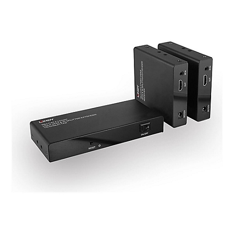 Drei schwarze HDMI-Extender-Geräte; einer länglich mit Ein/Aus-Schalter, zwei quaderförmig mit Anschlüssen.