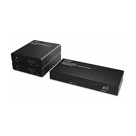 Mehrere schwarze HDMI-Splitter-Extender von Lindy. Auf einem Extender steht "ON/OFF", ein anderer ist gestapelt.