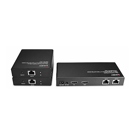 Drei schwarze HDMI-Splitter. Links zwei übereinander gestapelte, quadratische Geräte. Rechts ein längliches Gerät.