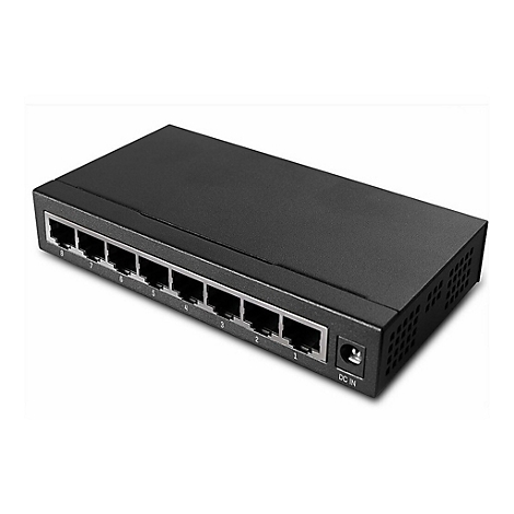 Schwarzer Netzwerk-Switch mit acht Ports, beschriftet mit Nummern 1-8. Am Ende befindet sich ein DC-IN-Anschluss.