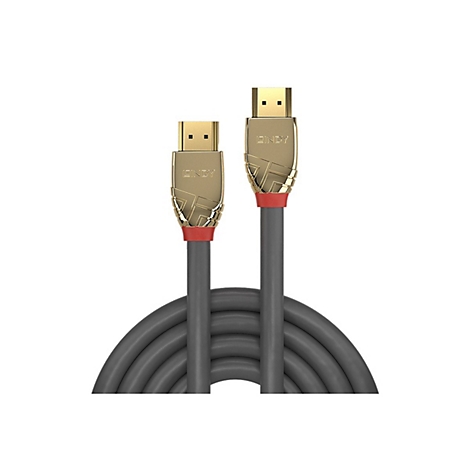 Zwei HDMI-Kabel mit goldenen Steckern und grauen Kabeln, auf weißem Hintergrund.