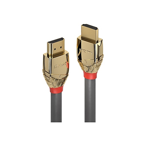 Zwei goldfarbene HDMI-Kabel mit grauen Kabeln. Beide haben einen roten Ring am Übergang zum Kabel.