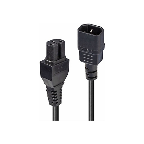 Zwei schwarze Netzkabel mit Stecker für Geräte. Beide Kabel haben einen rechteckigen Stecker.