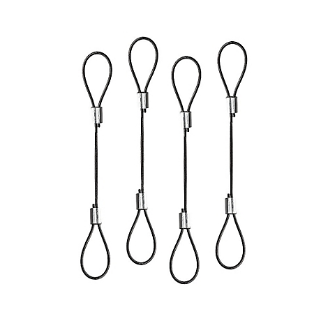Vier Drahtseilschlaufen mit silberfarbenen Verbindungsstücken auf weißem Hintergrund.