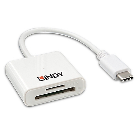 Weißer Kartenleser mit Kabel. Aufdruck: LINDY. Steckplätze für MicroSD und SD. USB-C Stecker.