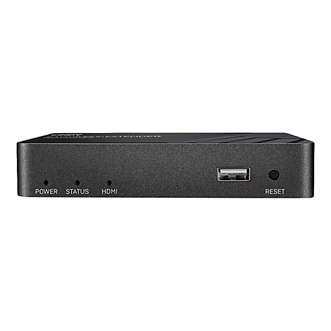 Schwarzer HDMI-Extender mit USB-Anschluss, Reset-Knopf und Status-LEDs.