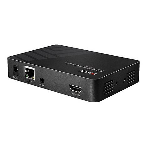 Schwarzer HDMI-Extender mit AnschlÃ¼ssen, inkl. UTP, IR-TX und HDMI IN.